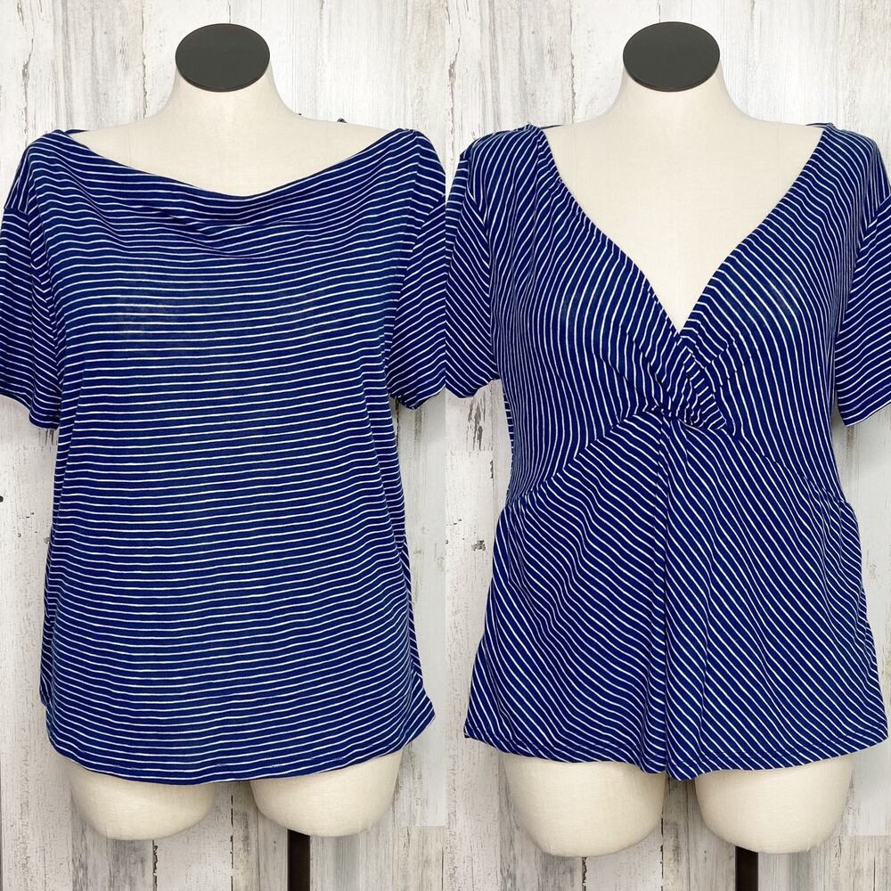 NWT Thyme + Honey Reversible Striped Top Blue White Tee Classic Preppy Size XL